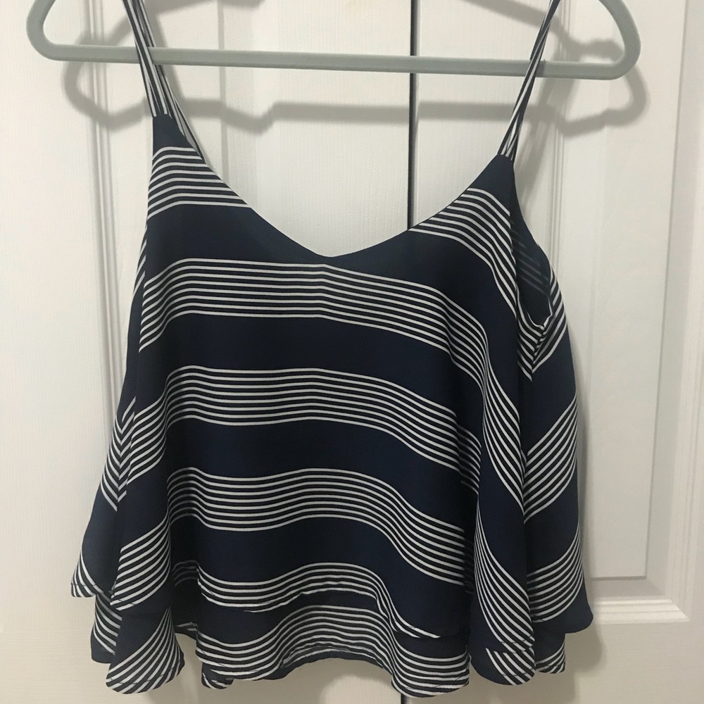 Navy blue and white striped flowy tank top